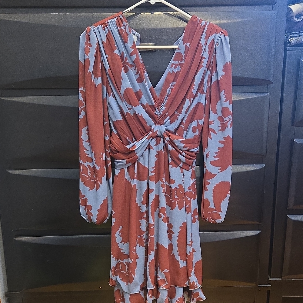 Rust and Gray Floral Long Sleeve Dress